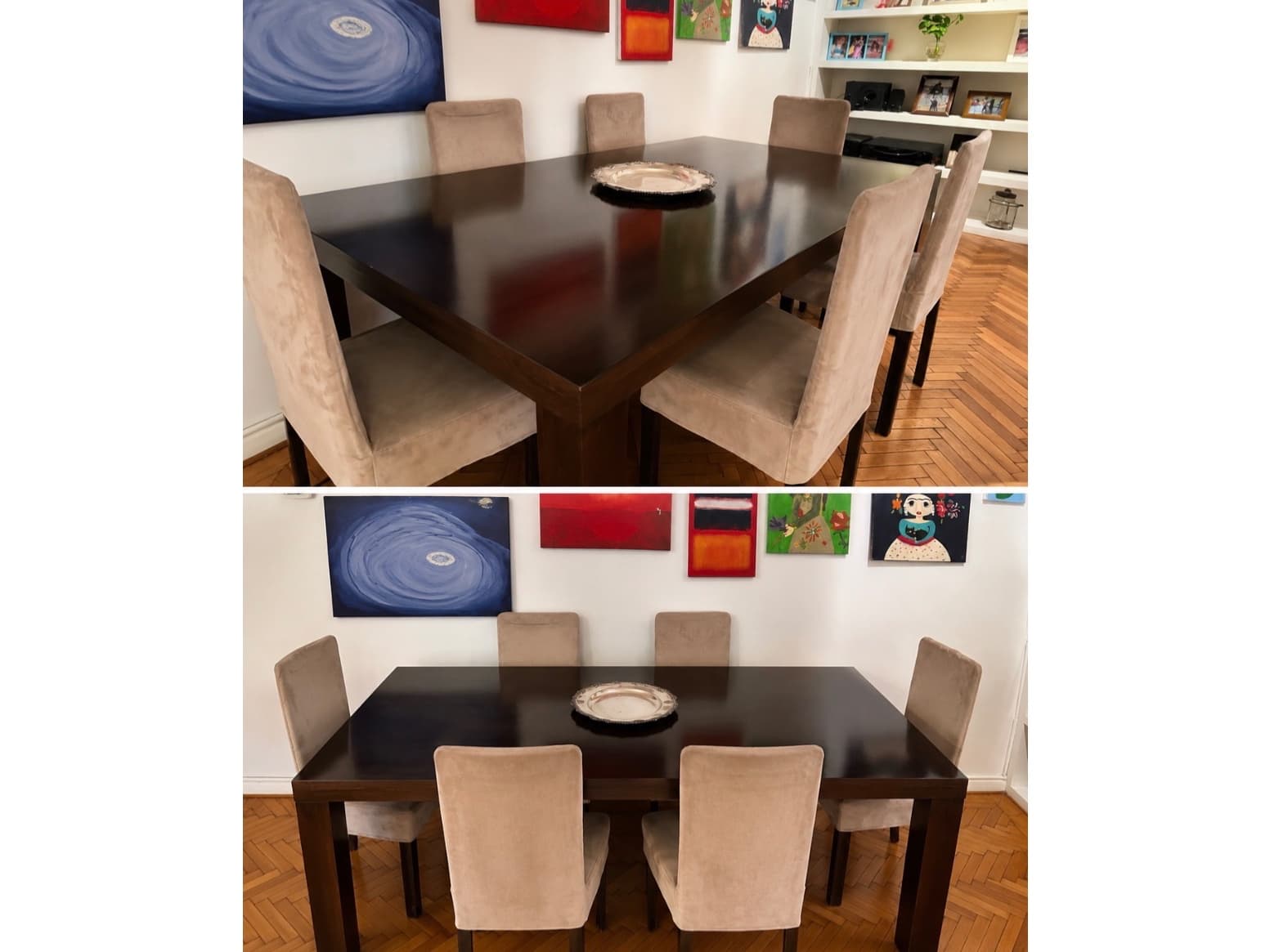 Juego de comedor de diseño contemporáneo, compuesto por mesa de madera en tono nogal oscuro y 6 sillas tapizadas en elegante color beige. Un conjunto de líneas modernas, sobrias y sofisticadas, ideal para darle calidez y personalidad al comedor.