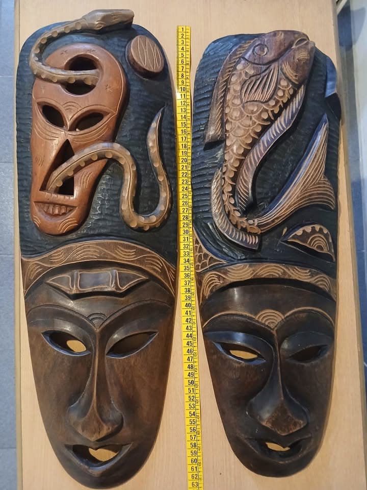 Pareja Máscaras Haitianas Vintage Madera Tallada a Mano 63 cm – Haití 1990