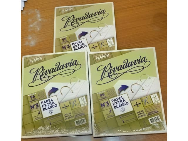 Hojas N°3 RIVADAVIA RAYADAS y CUADRICULADAS x 96 unidades