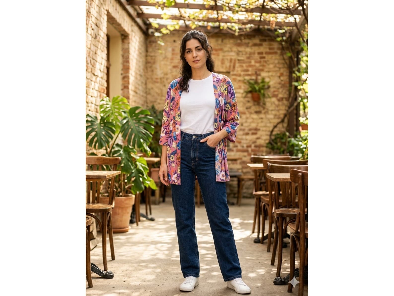 Kimono floreado de seda fria. Nuevo