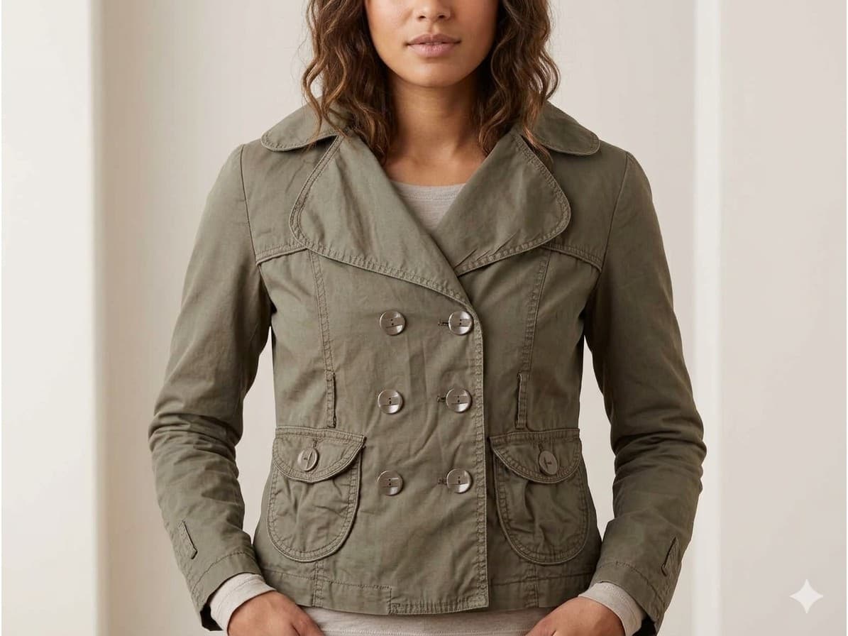Chaqueta corta estilo trench abotonado. Impecable