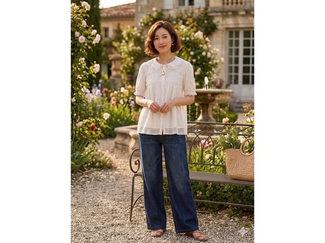 Blusa estilo romantico, con mezcla de texturas