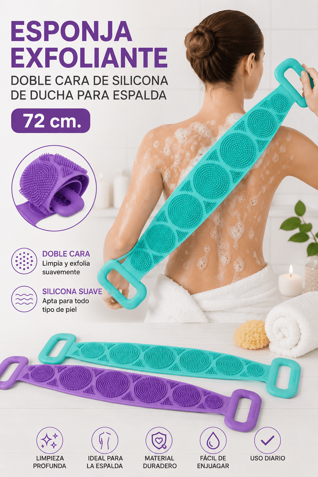 Esponja de Silicona Exfoliante Corporal Espalda Masajeador para Ducha 72 cm de largo